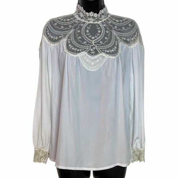 Helene St Marie Tops - VTG 80s 90s HELENE ST MARIE HIGH NECK LACE BLOUSE COTTAGE CORE VICTORIAN 7/8